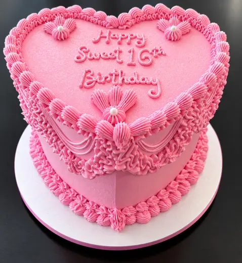 Pink heart-shaped Sweet 16 cake with piped frosting